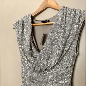 EXPRESS sleeveless silver sequin asymmetrical dress size XS party cocktail NWT